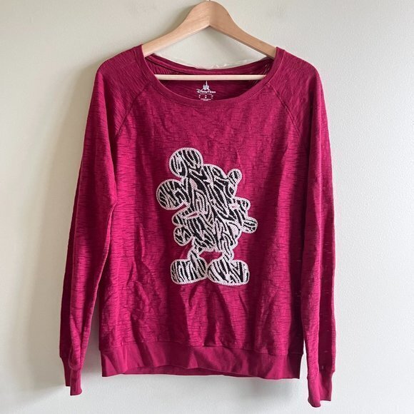 Disney Parks Womens Size M Sweatshirt Top Red Mickey‎ Sequin Zebra Animal Print - Picture 1 of 4